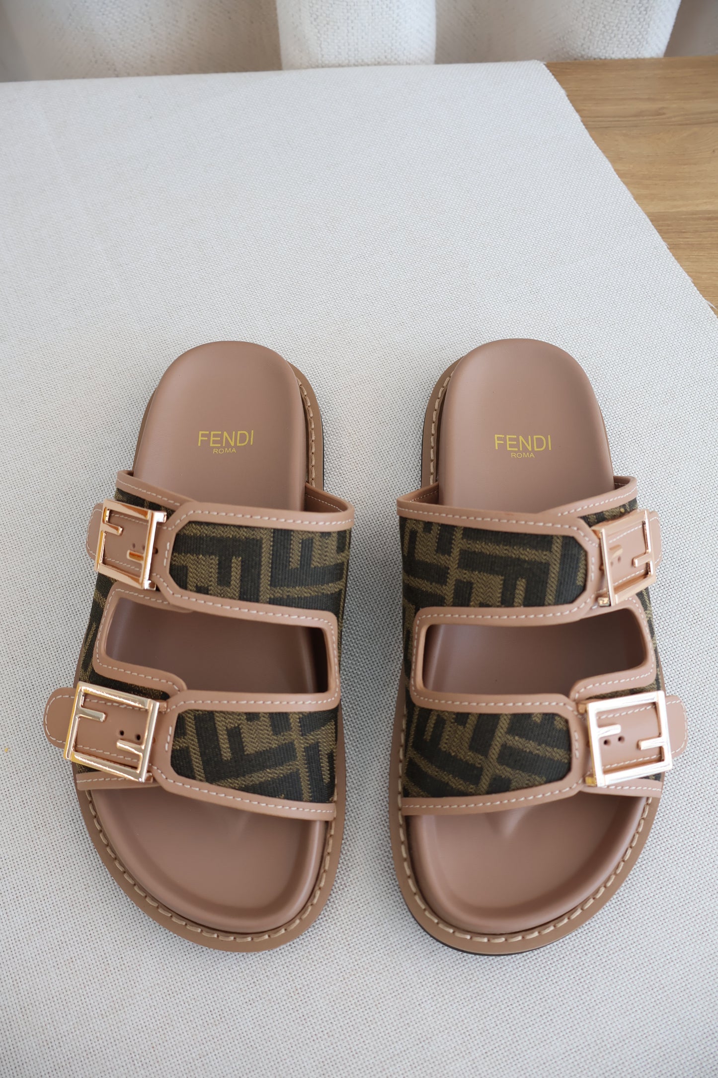 Fendi Feel Slides Brown FF Fabric Slides (Whatsapp for Price & Grade)