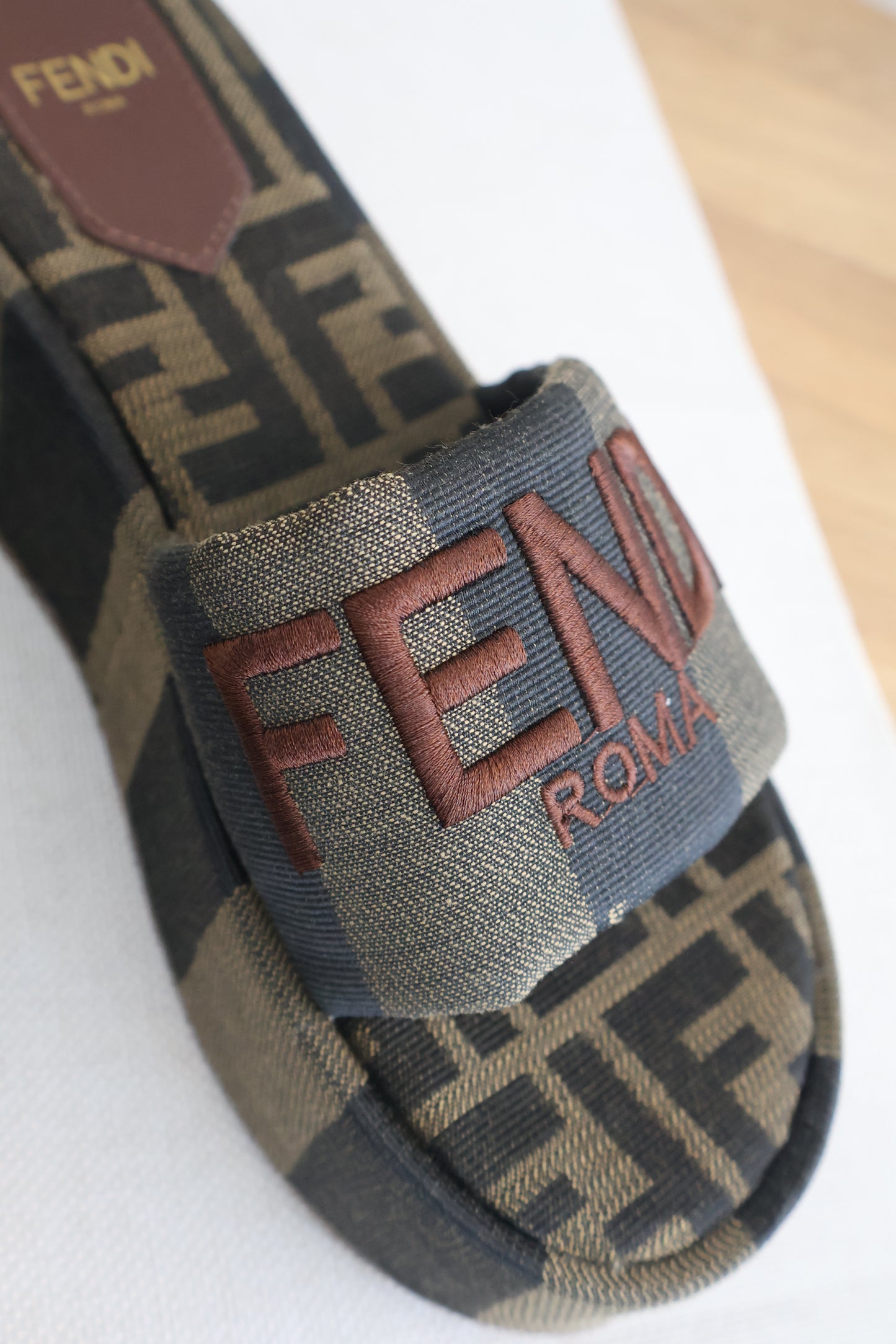 Fendi Sunshine Brown Fabric Flatform Slides (Whatsapp for Price & Grade)