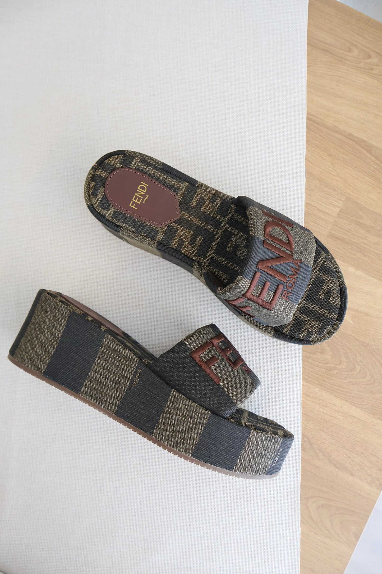 Fendi Sunshine Brown Fabric Flatform Slides (Whatsapp for Price & Grade)