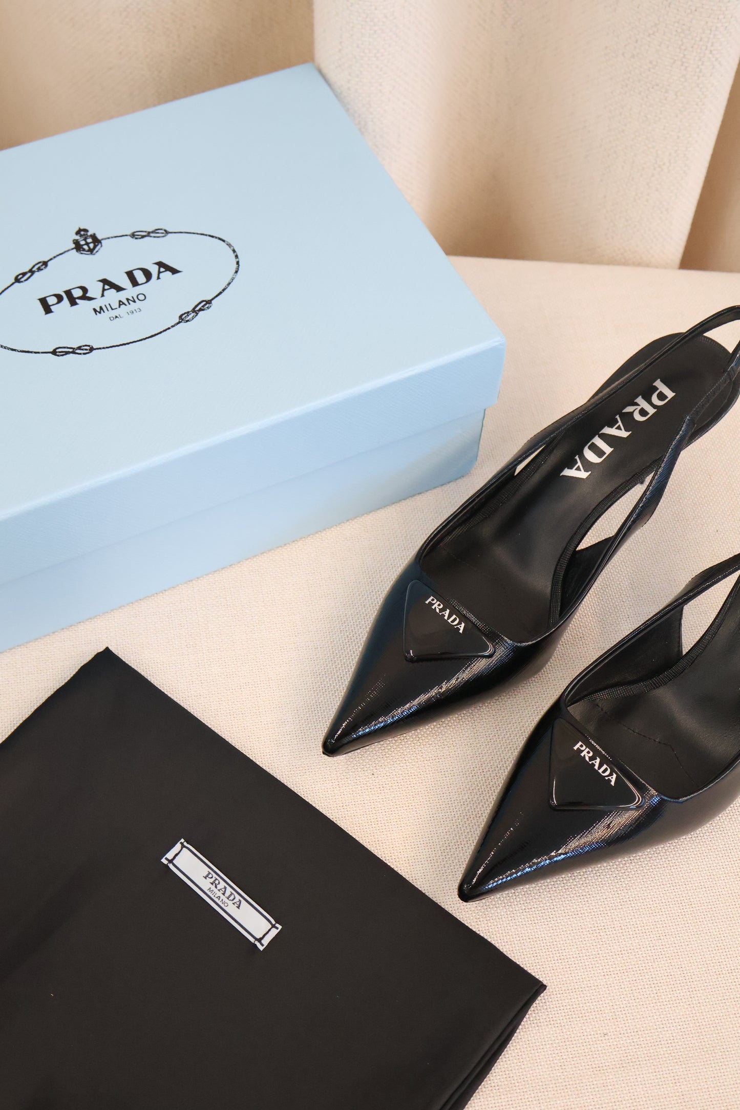 Prada Saffiano Patent Leather Slingback Pumps Black (Whatsapp for Price & Grade)