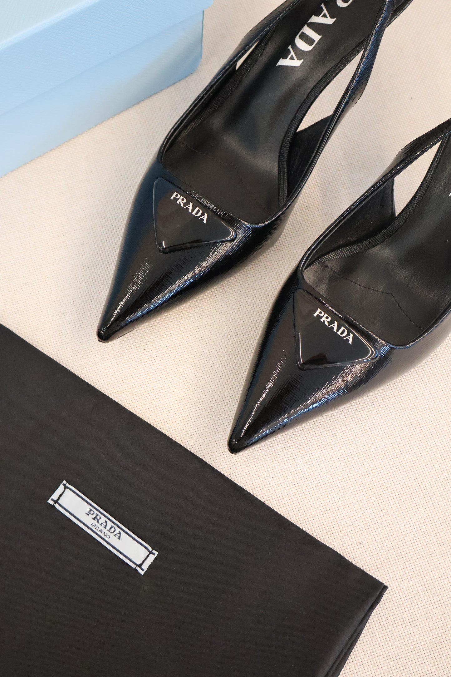 Prada Saffiano Patent Leather Slingback Pumps Black (Whatsapp for Price & Grade)