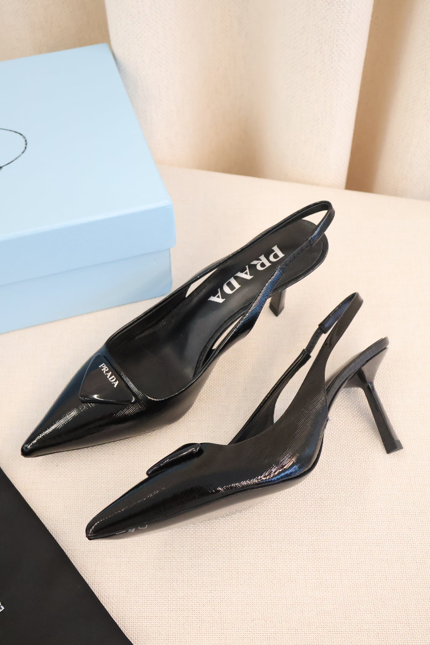 Prada Saffiano Patent Leather Slingback Pumps Black (Whatsapp for Price & Grade)