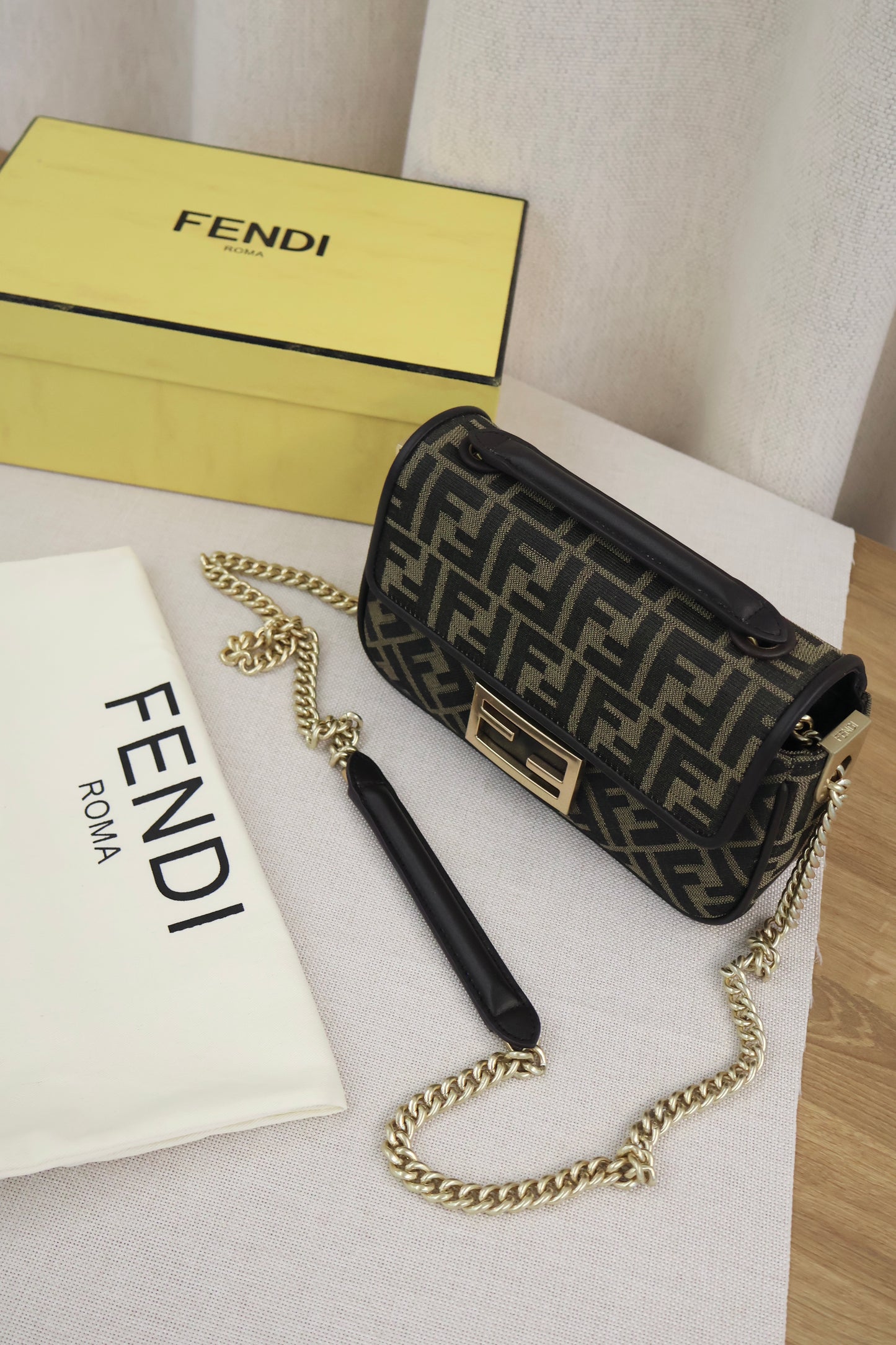 Fendi Baguette Chain Midi Brown FF Jacquard Fabric Bag (Whatsapp for Price & Grade)