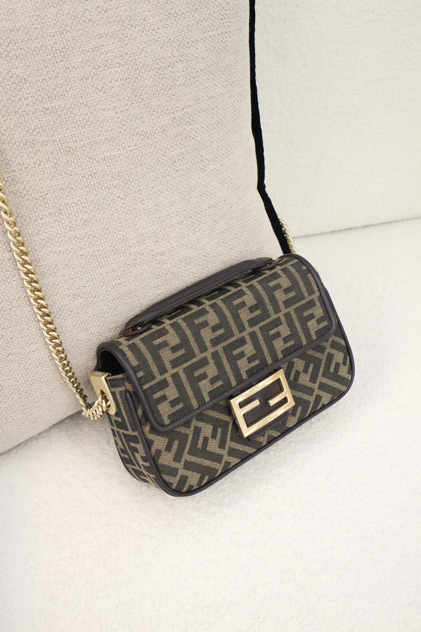 Fendi Baguette Chain Midi Brown FF Jacquard Fabric Bag (Whatsapp for Price & Grade)