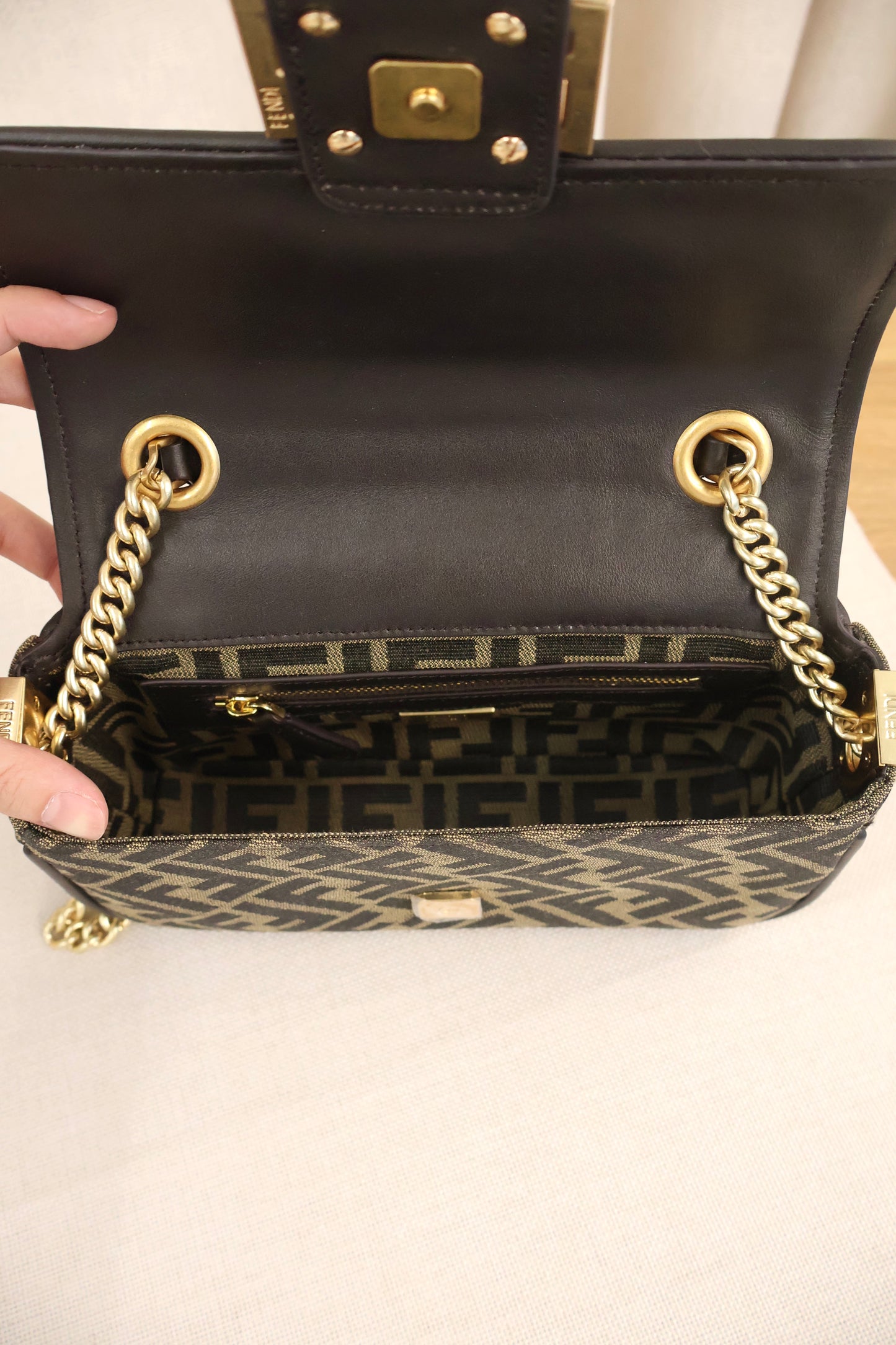 Fendi Baguette Chain Midi Brown FF Jacquard Fabric Bag (Whatsapp for Price & Grade)