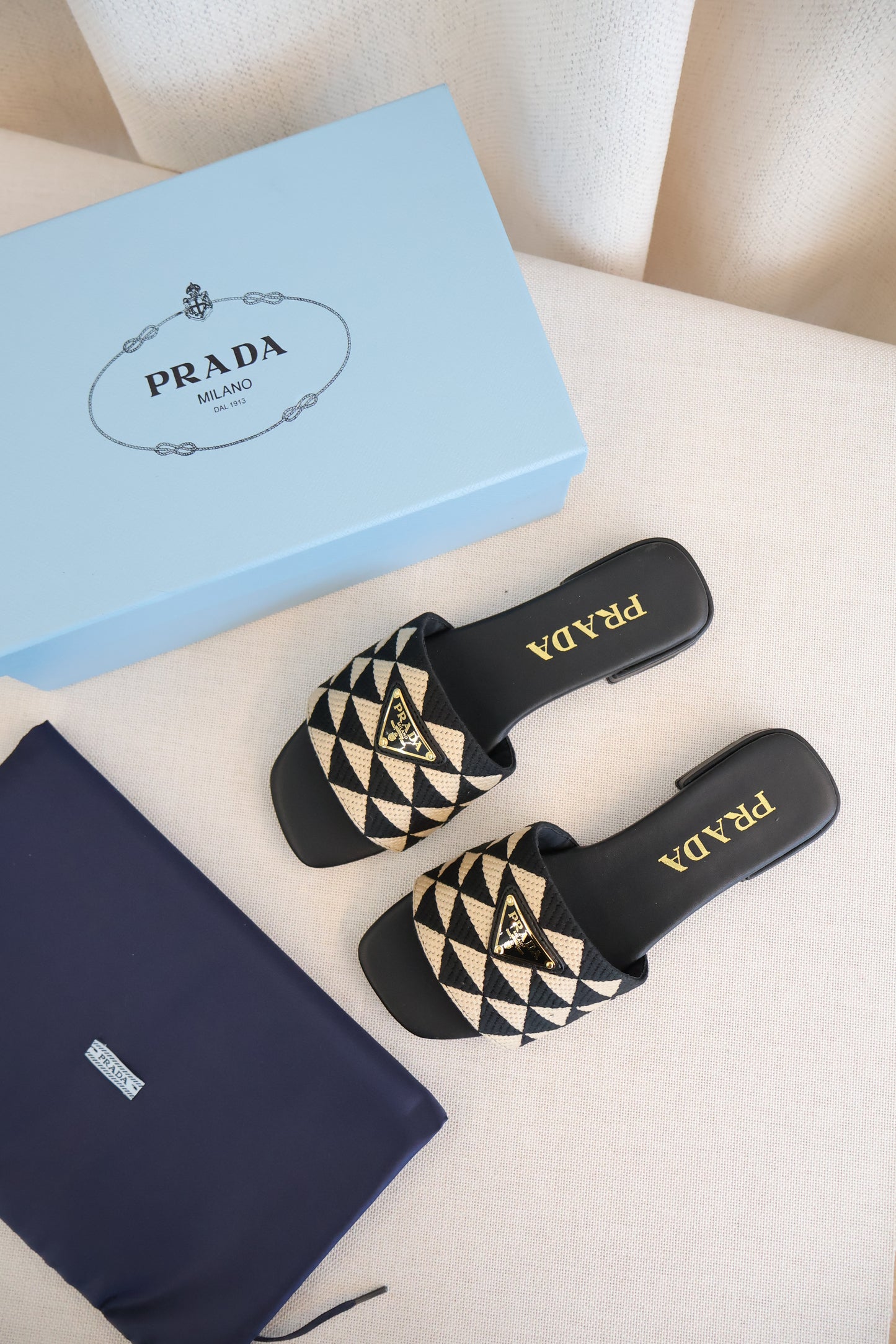 Prada Embroidered Fabric Slides Black x Beige (Whatsapp for Price & Grade)