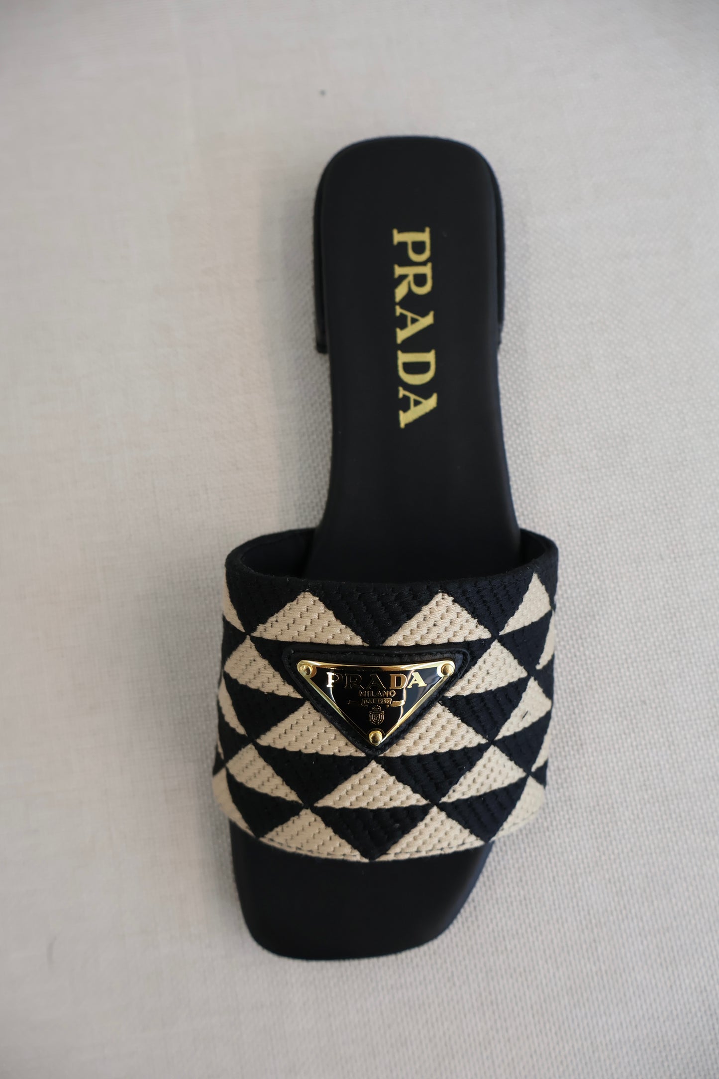 Prada Embroidered Fabric Slides Black x Beige (Whatsapp for Price & Grade)