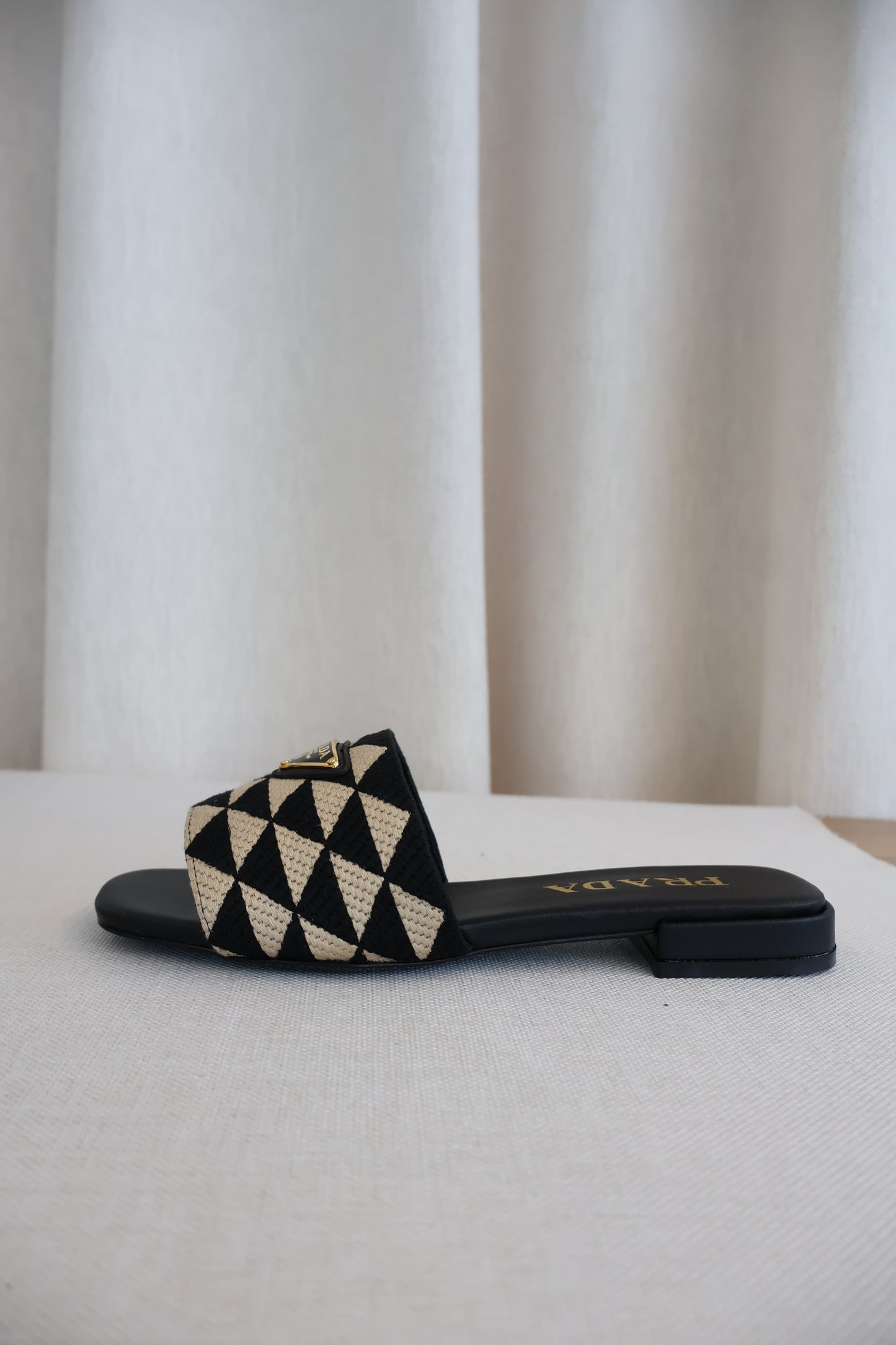 Prada Embroidered Fabric Slides Black x Beige (Whatsapp for Price & Grade)