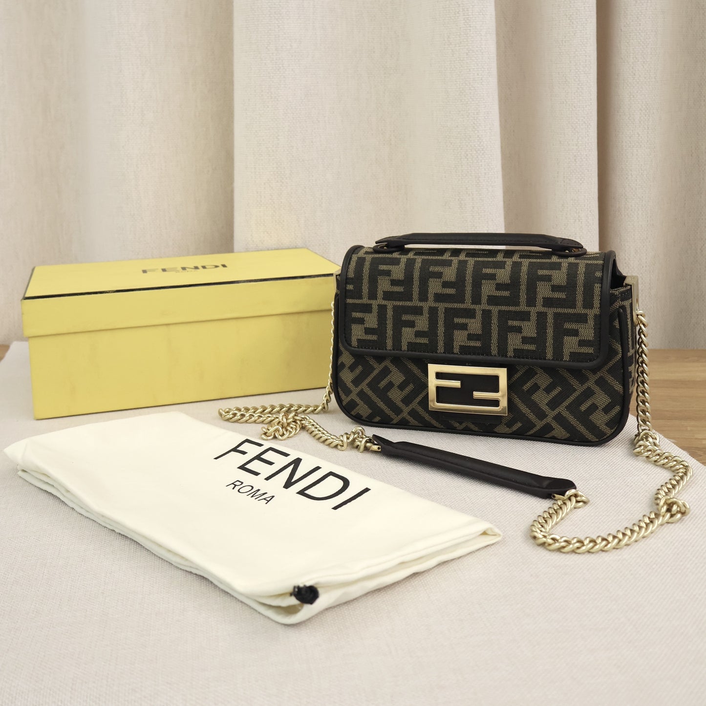 Fendi Baguette Chain Midi Brown FF Jacquard Fabric Bag (Whatsapp for Price & Grade)