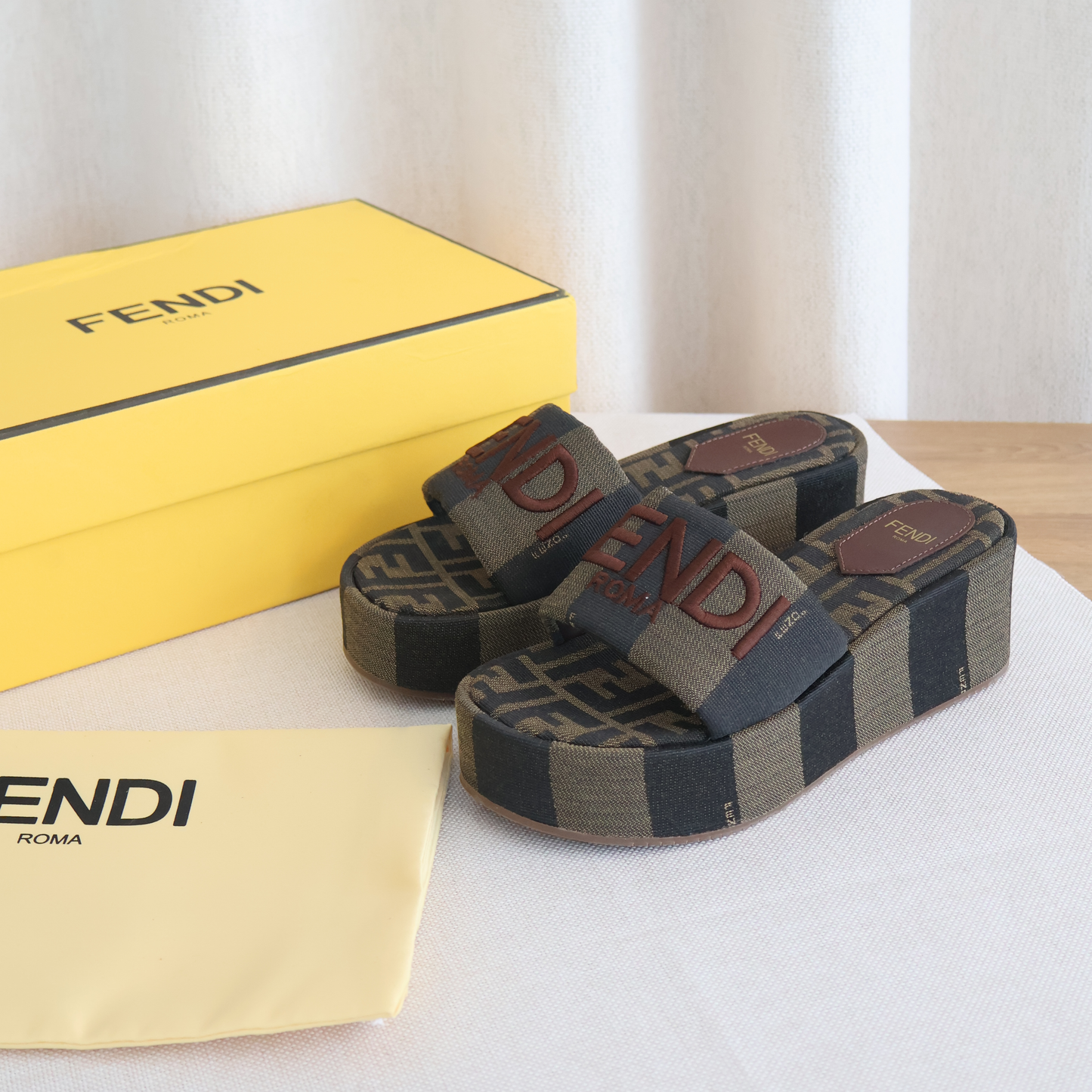 Fendi Sunshine Brown Fabric Flatform Slides (Whatsapp for Price & Grade)