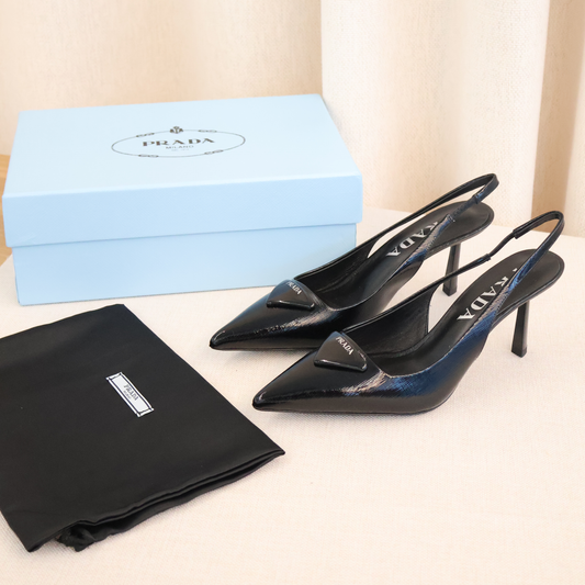 Prada Saffiano Patent Leather Slingback Pumps Black (Whatsapp for Price & Grade)