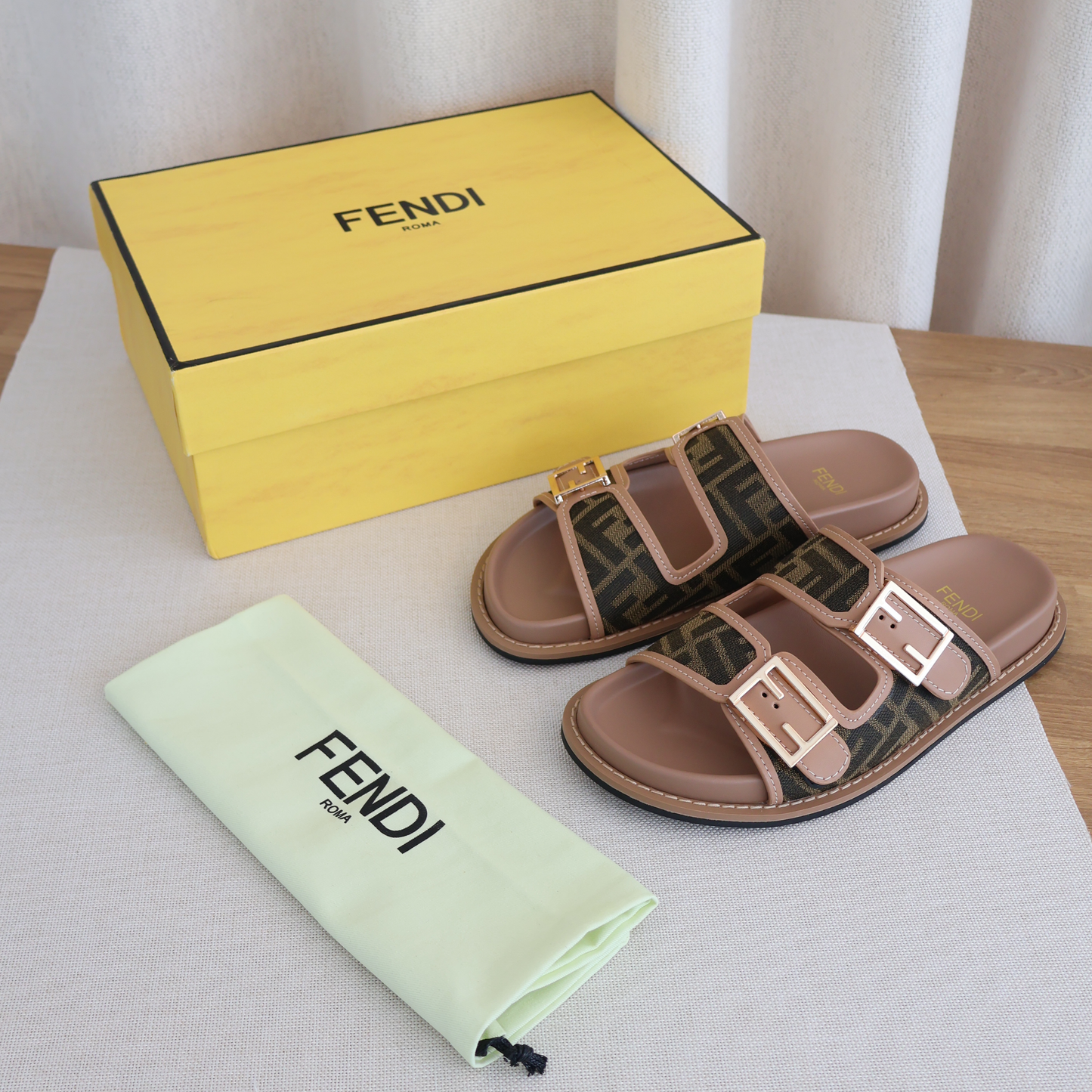 Fendi Feel Slides Brown FF Fabric Slides (Whatsapp for Price & Grade)