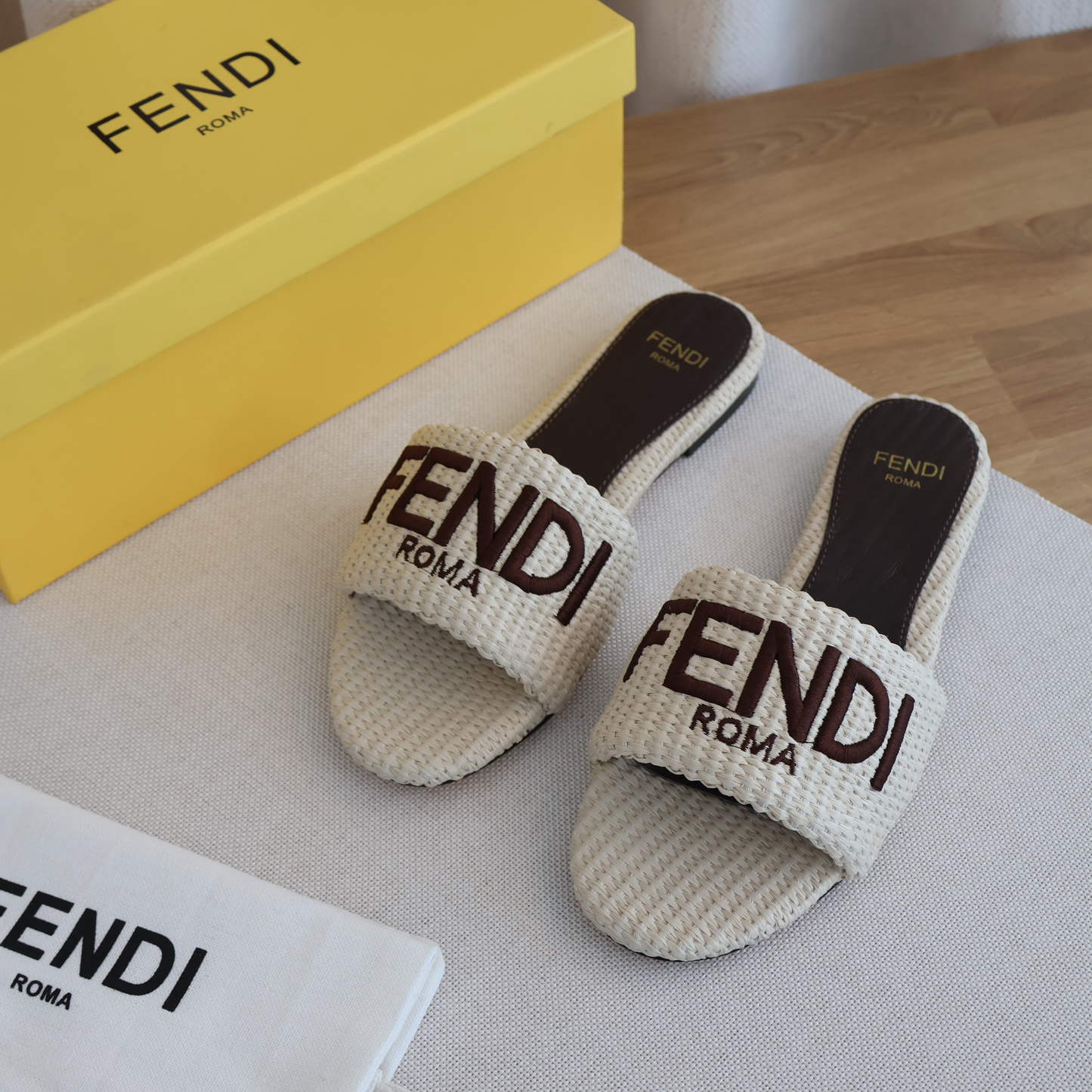 Fendi Signature Beige Cotton Fibre Slides (Whatsapp for Price & Grade)