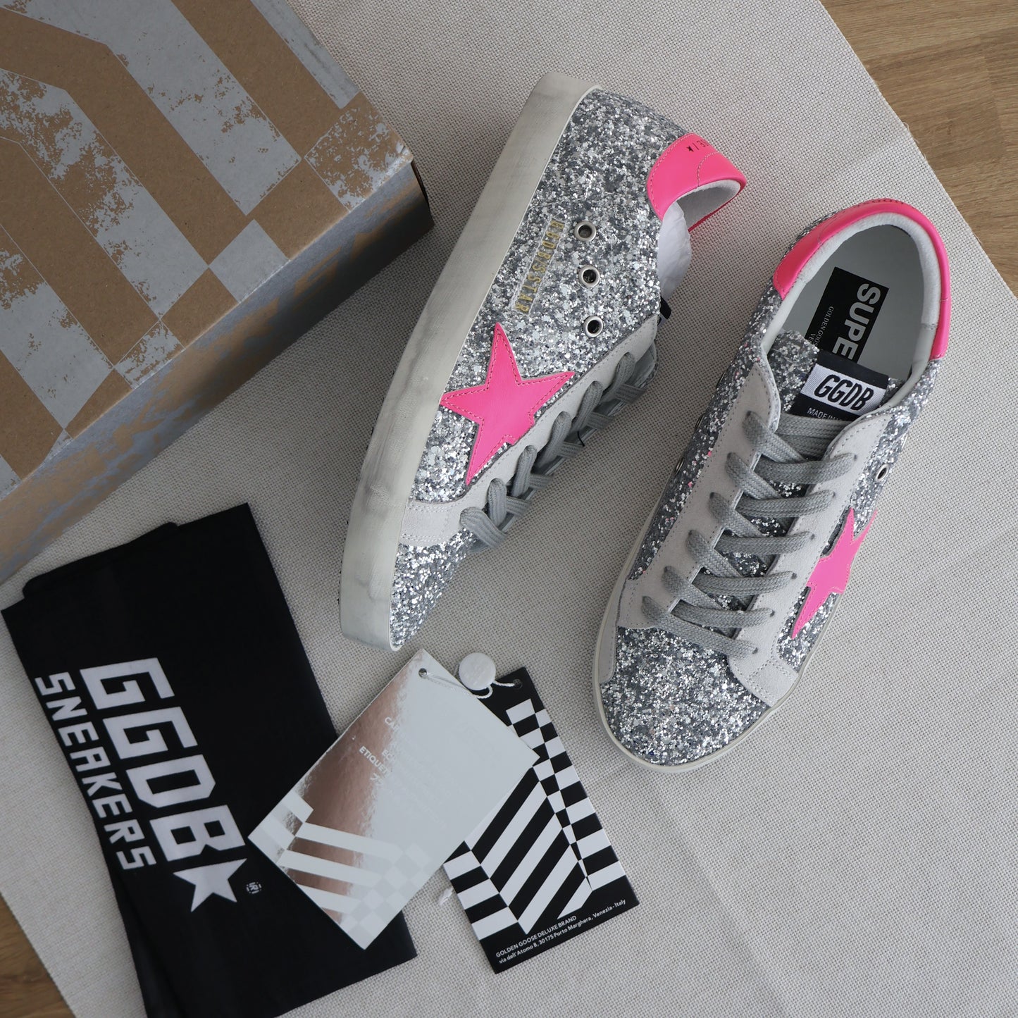 Golden Goose Silver Sparkly x Bright Pink Men's Sneaker (Whatsapp for Price & Grade)