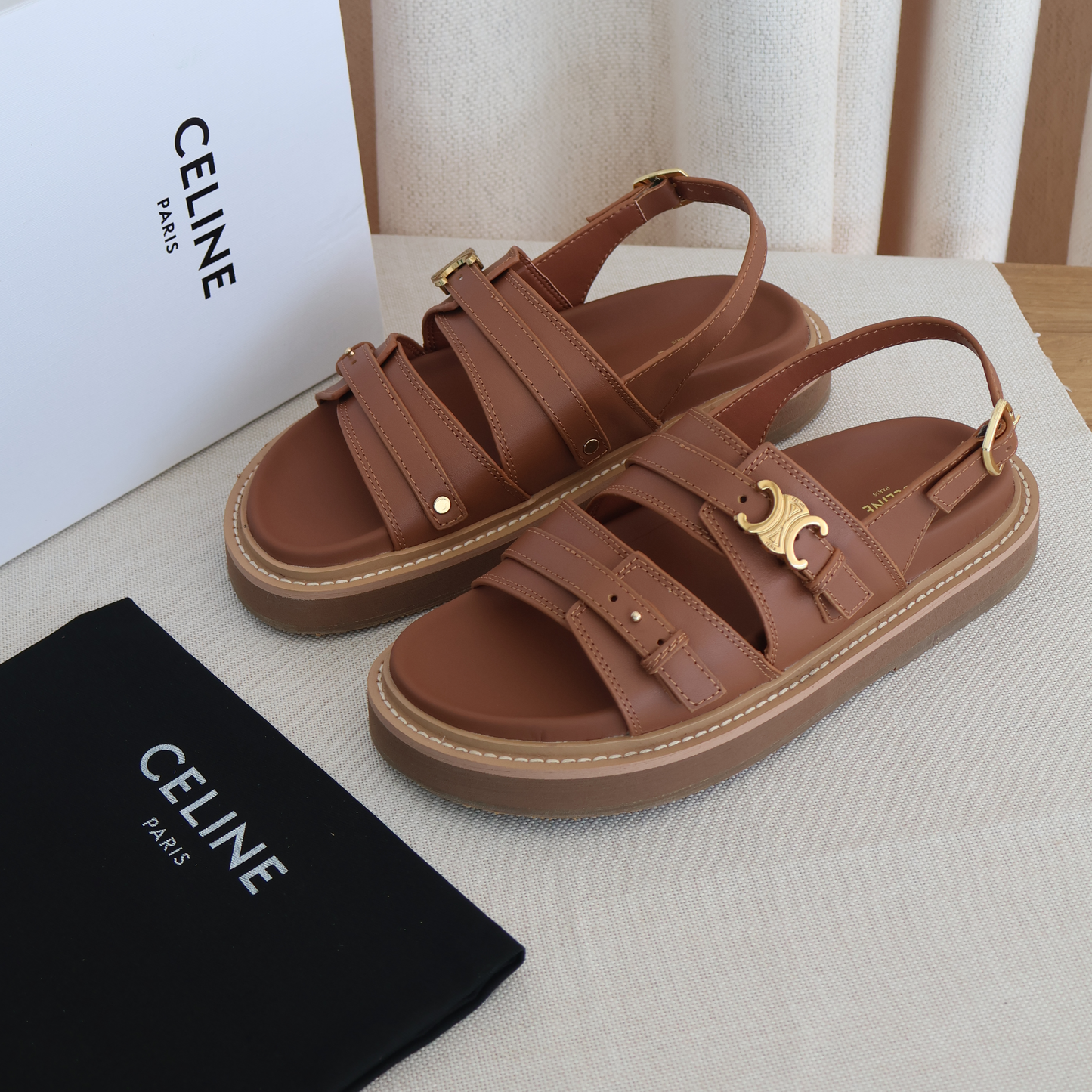 Celine Tippi Triomphe Sandals Tan (Whatsapp for Price & Grade)