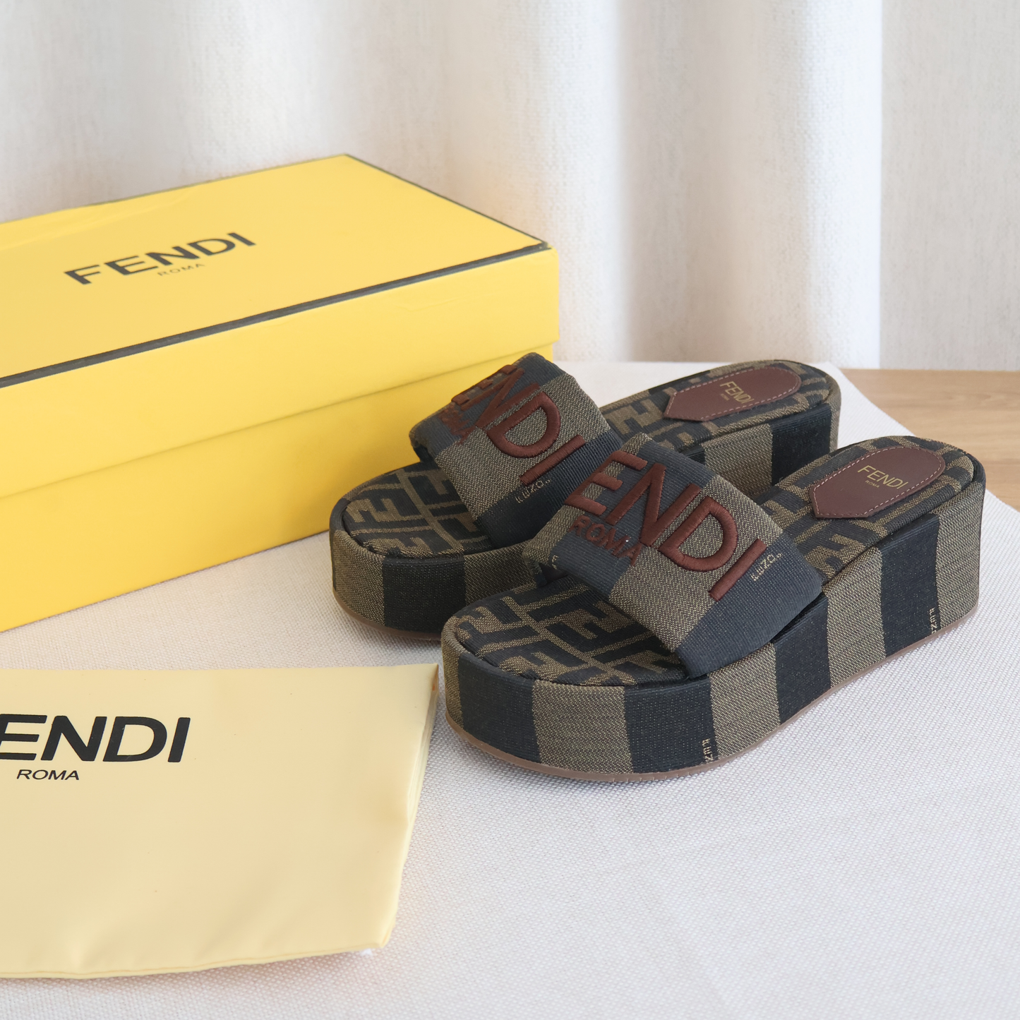 Fendi Sunshine Brown Fabric Flatform Slides (Whatsapp for Price & Grade)