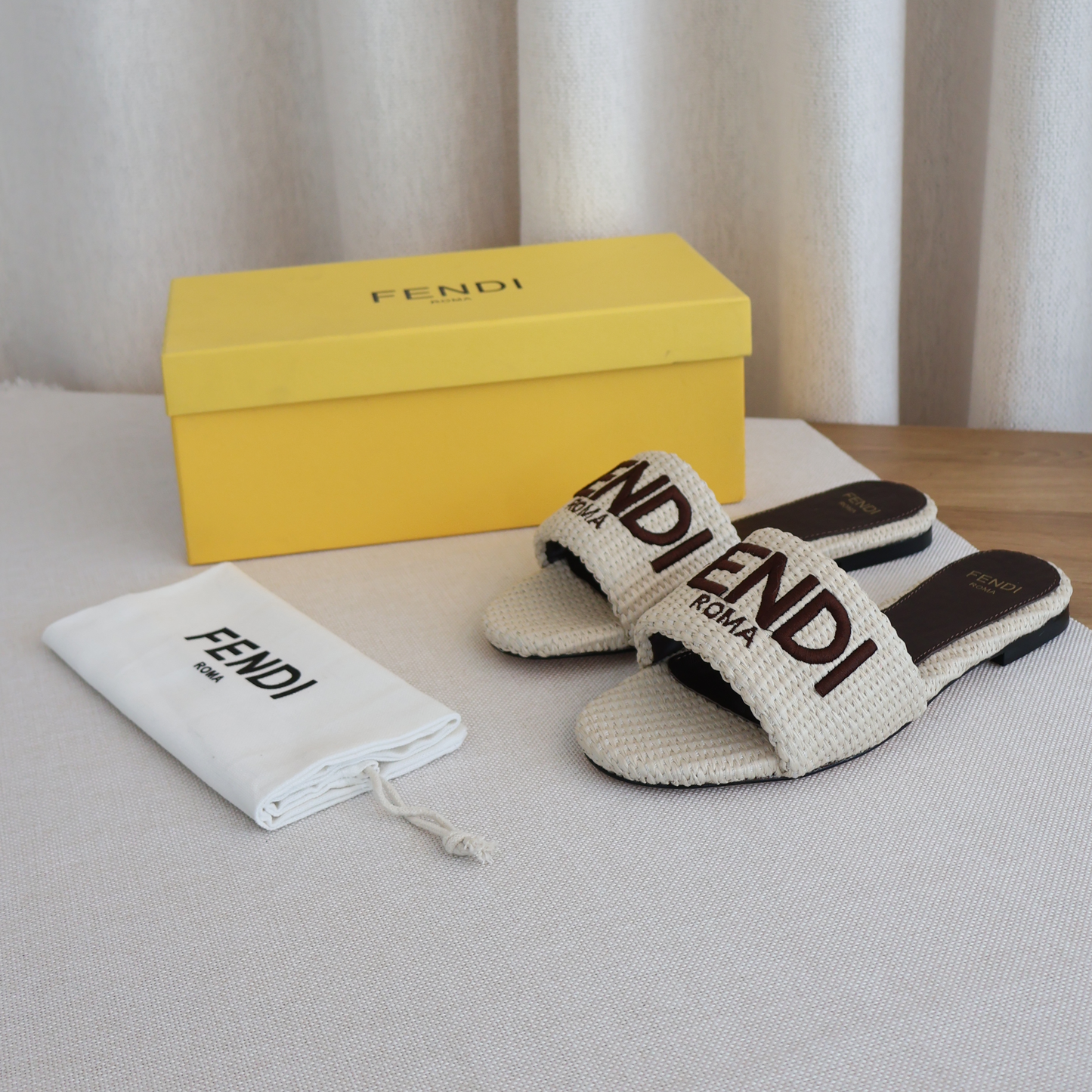 Fendi Signature Beige Cotton Fibre Slides (Whatsapp for Price & Grade)