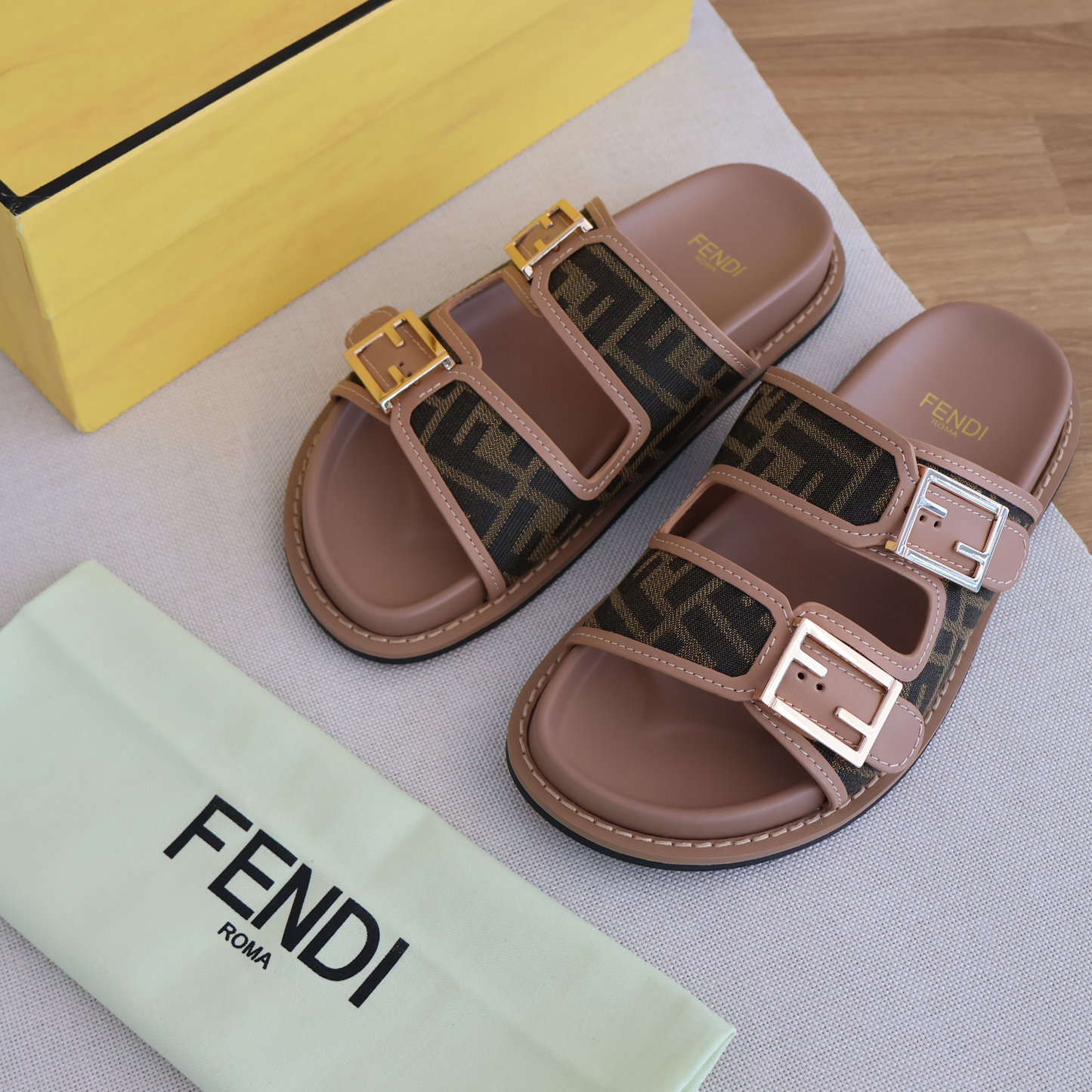 Fendi Feel Slides Brown FF Fabric Slides (Whatsapp for Price & Grade)