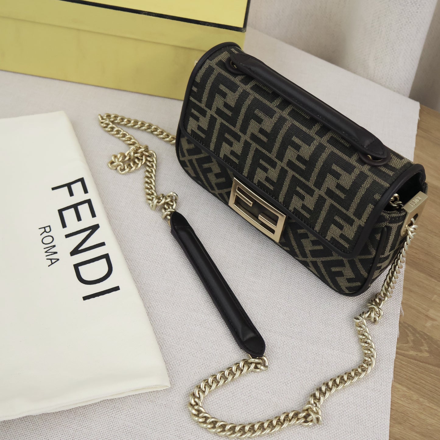 Fendi Baguette Chain Midi Brown FF Jacquard Fabric Bag (Whatsapp for Price & Grade)